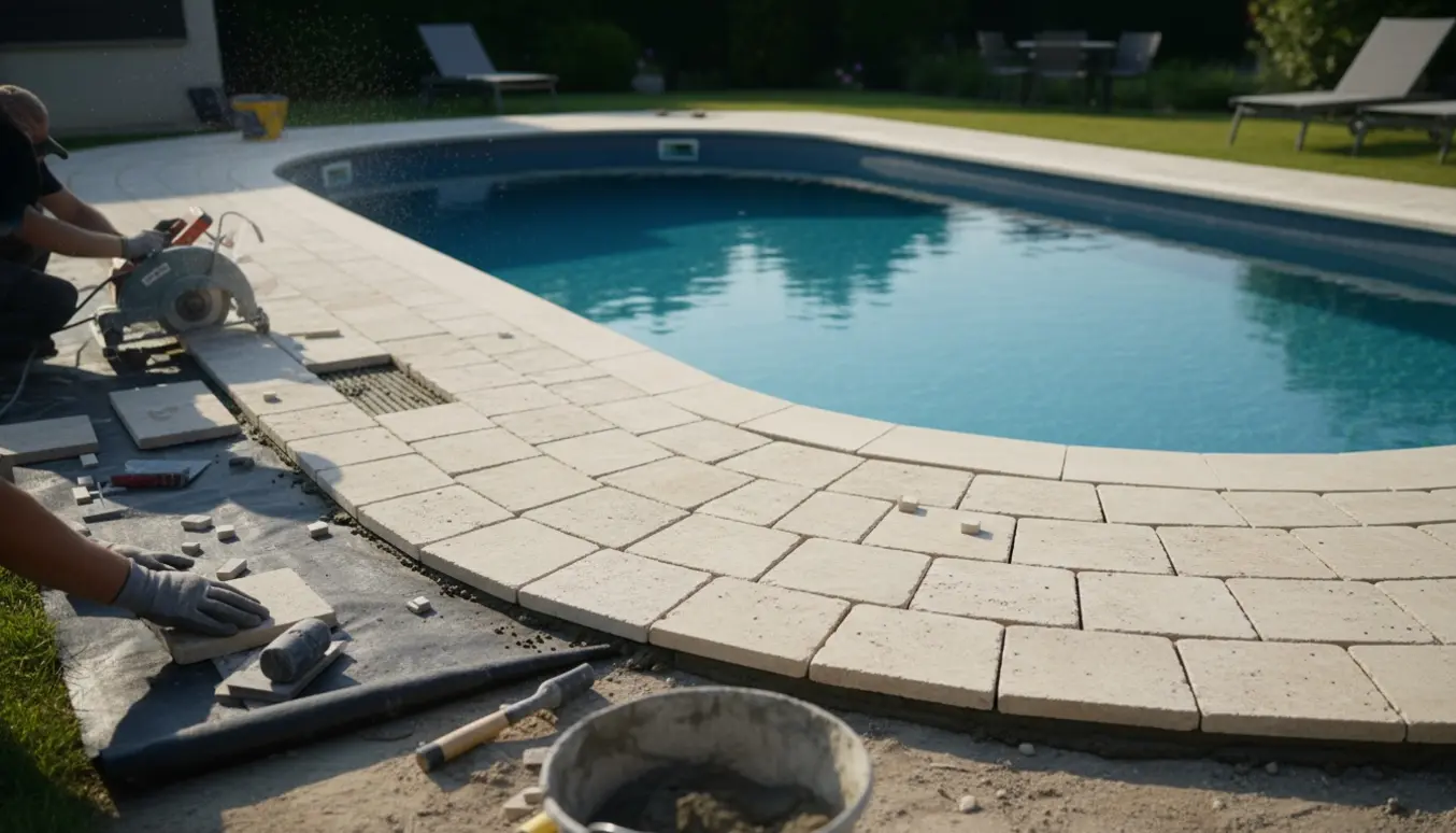 Fliselægning rundt om en oval pool med ukrudtsdug og præcist tilskårne fliser.