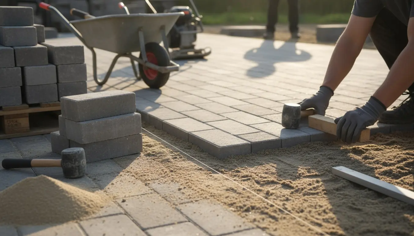 Hænder lægger flise på en delvist færdig terrasse med værktøj og stakke fliser i baggrunden.