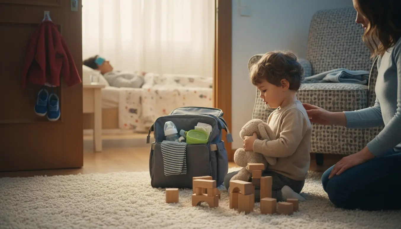 En babysitter overtager en lille dreng, mens en træt voksen hviler i baggrunden.