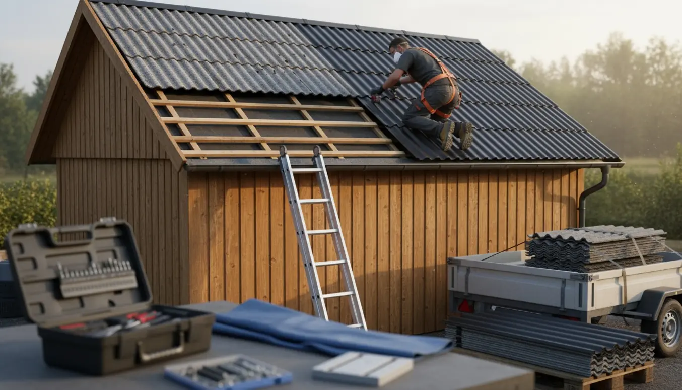 Udskiftning af eternittag på en trægarage med nye sorte sinus-tagplader og værktøj i forgrunden.