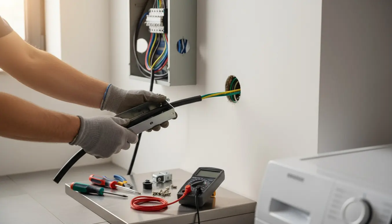 Hænder installerer en jordet stikkontakt til vaskemaskine i et lyst bryggers med trukket kabel og værktøj.