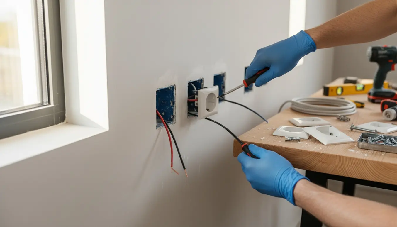 Elektriker installerer tre-fire stikkontakter i en indendørs væg med værktøj og åbne installationsdåser i fokus.