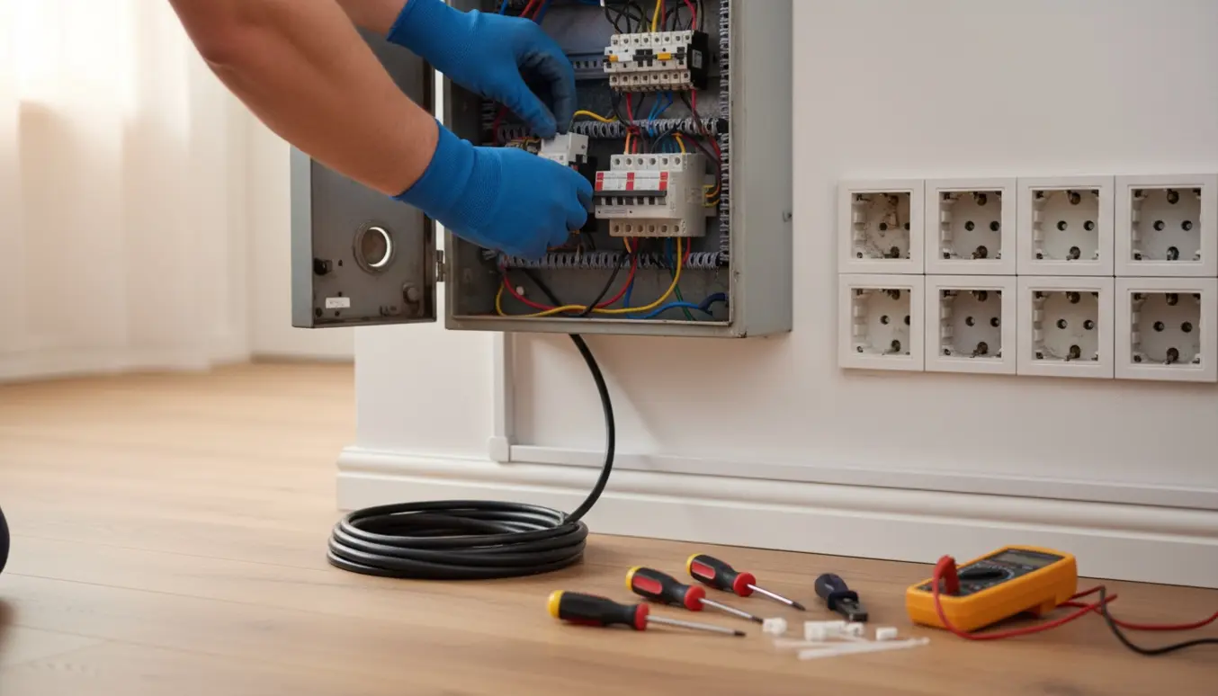 Åbent elskab hvor en elektriker udskifter gamle HFI-relæer og fører synlige kabler mod afbrydere og stikkontakter.