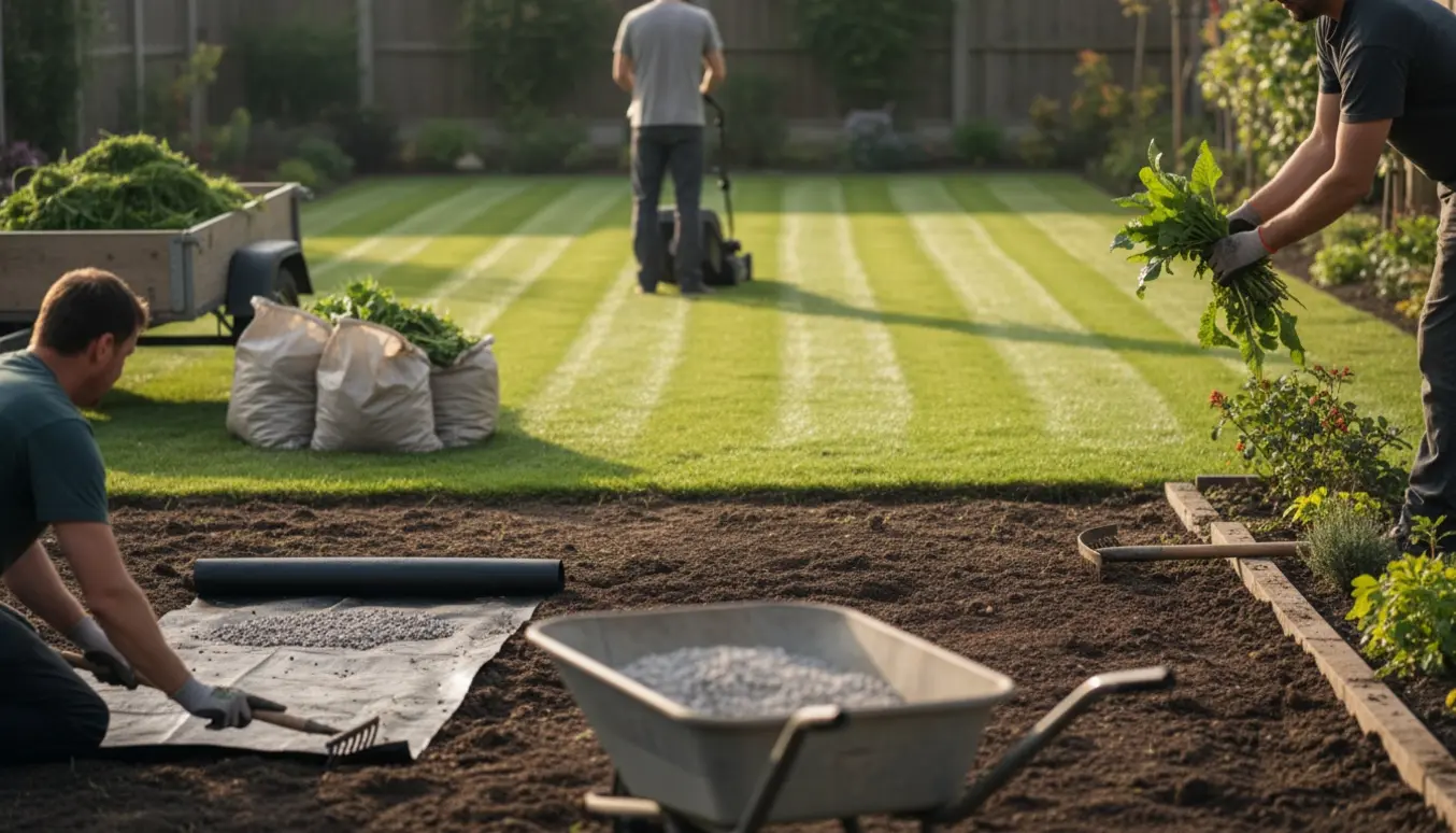 Havearbejde med græsslåning, kantning, ukrudtsdug og lægning af granitskærver.