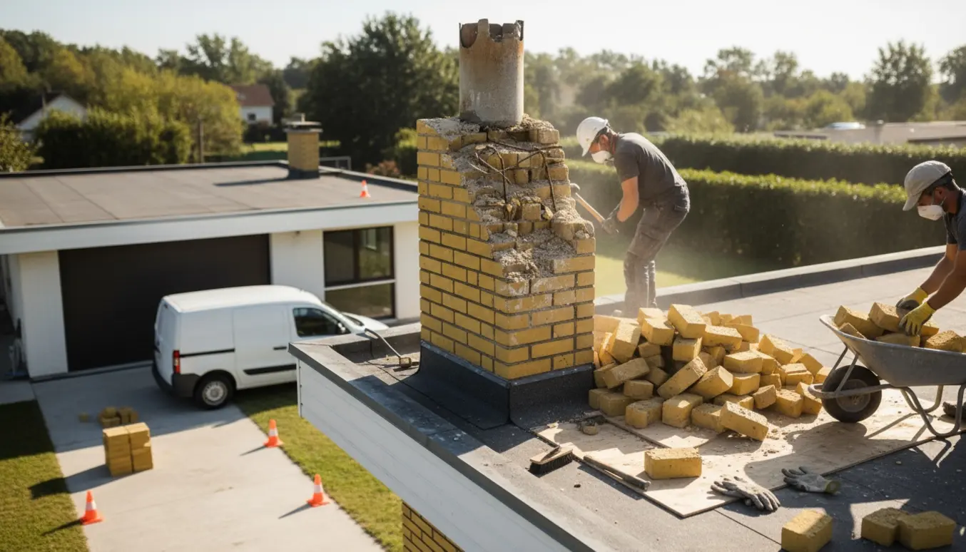 Delvist nedrevet gulstensskorsten på et énplans hus med fladt tag, beskyttelsesplade på taget og affald klar til bortkørsel.
