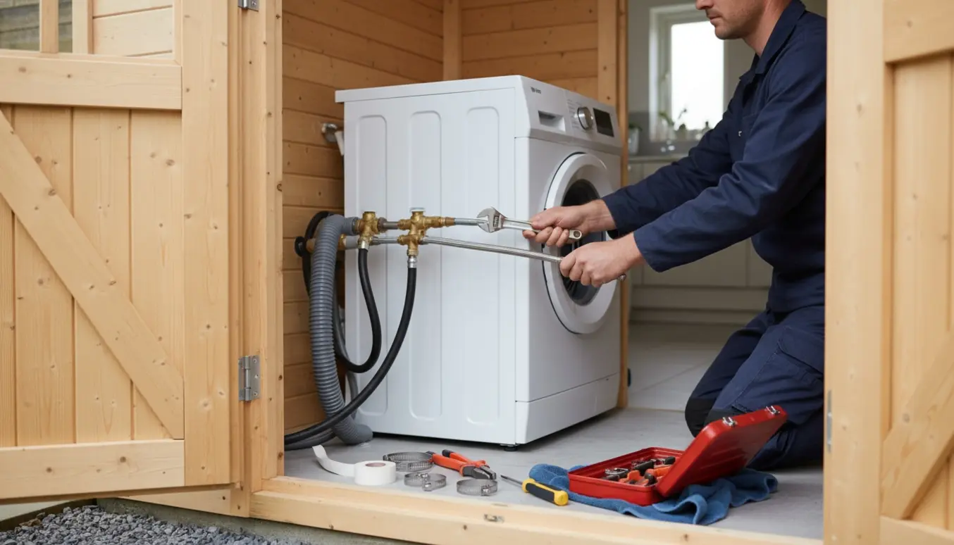 En VVS’er tilslutter vandslanger og afløbsrør til en vaskemaskine i et skur.