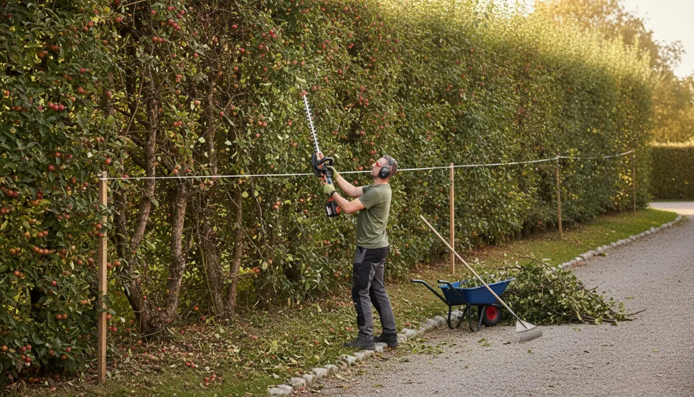 Havearbejder klipper en paradisæblehæk langs en skråning mod en sti, med grene og værktøj i fokus, uden synligt ansigt.