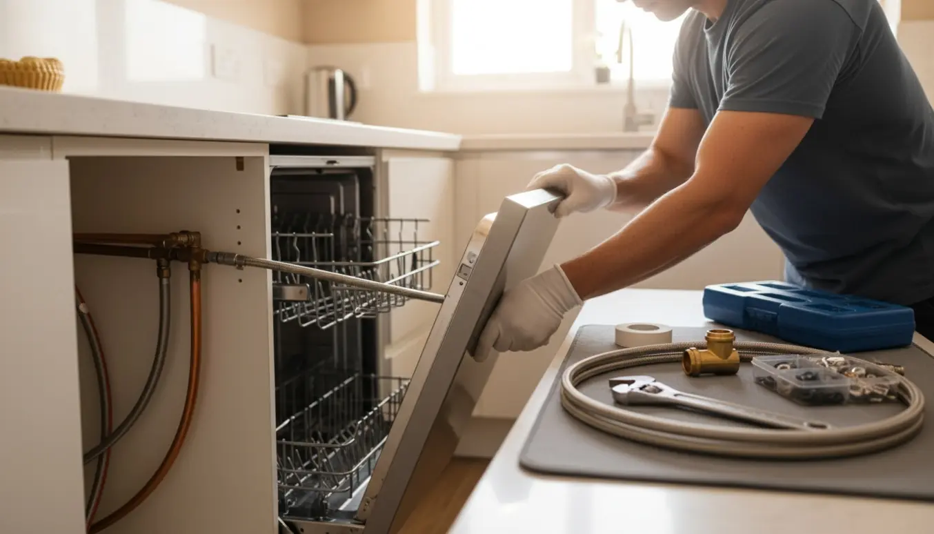 VVS’er tilslutter slanger og T-stykke til en smal opvaskemaskine i et lyst køkken.