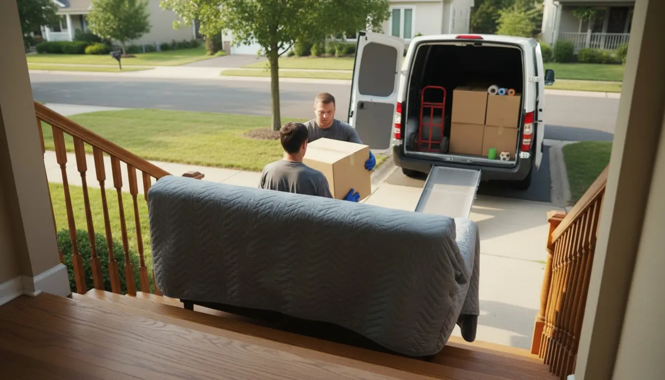 Flyttefolk bærer møbler og flyttekasser ned fra anden sal til en åben varevogn i dagslys.