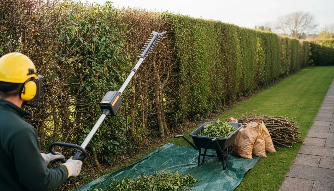 En gartner trimmer en lang høj hæk med en forlænget hækkeklipper, og nyskårne grene ligger i en trillebør og sække.
