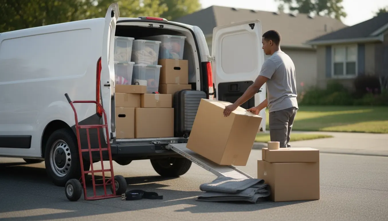 Åben varevogn med stabler af plastbokse, papkasser og en kuffert under en privat flytning på en rolig villavej.