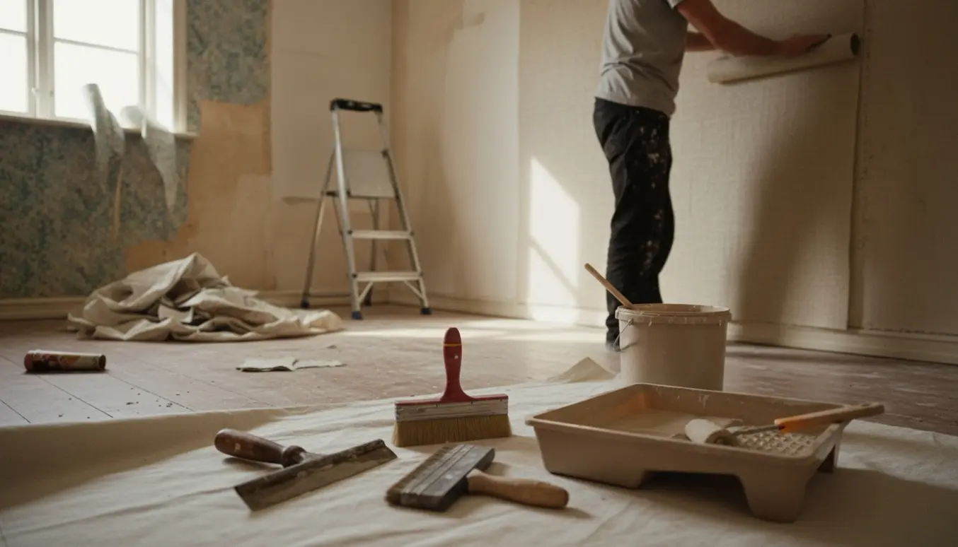 Soveværelse under renovering med fjernet tapet, glasfilt på væggen og malerredskaber på gulvet.