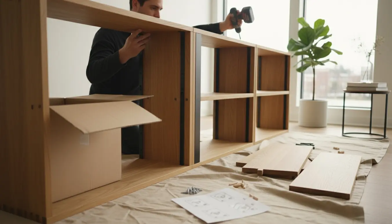 Nærbillede af montering af en træreol i en lys spisestue med værktøj og træpaneler.