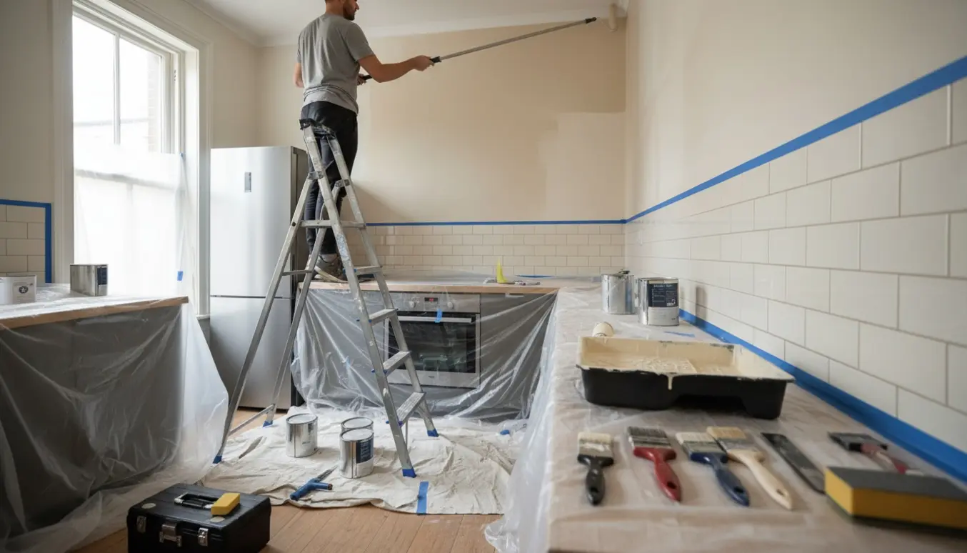 Lille køkken med højloftede vægge under maling, stige og malerudstyr, fliser beskyttet med tape og plastik.