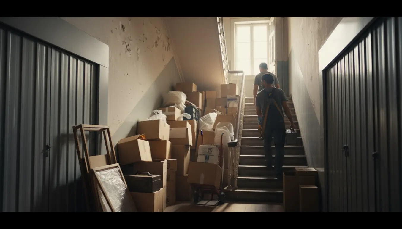 Flyttekasser, flyttevogn og småting bæres op ad en opgang mod et loftsrum, belyst af dagslys.