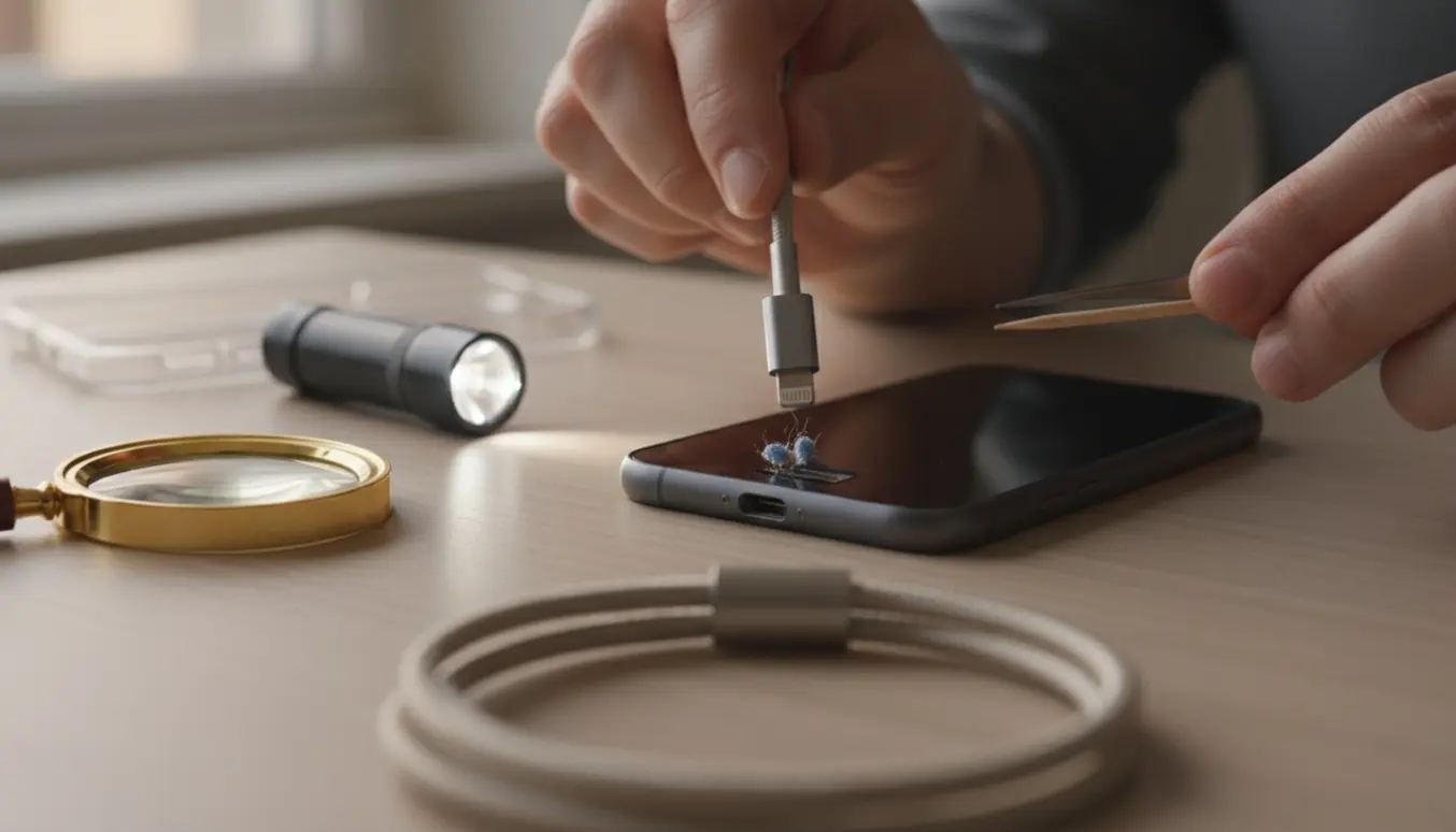 Nærbillede af en telefonoplader, der ikke kan sættes i på grund af snavs i ladeporten, med værktøj og lommelygte ved siden af.