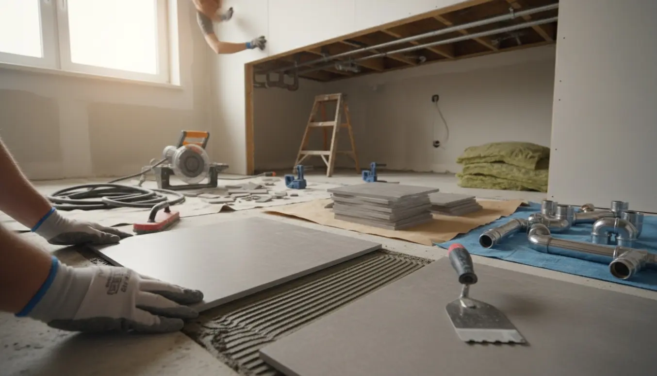 Hænder lægger nye fliser i et badeværelse med nye metalrør og et loftpanel klar til at dække rørene.