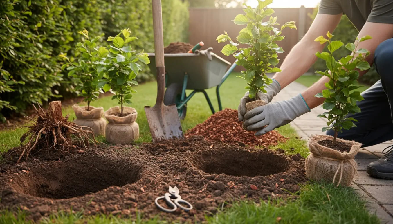 Hænder i handsker planter to nye bøgehækplanter ved siden af visne stumper i en solrig have.