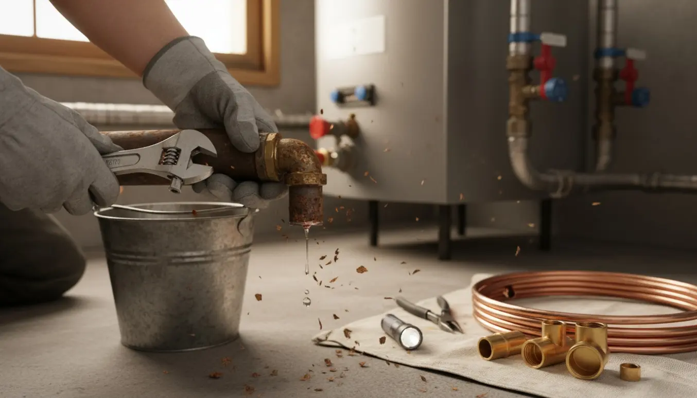 Nærbillede af hænder, der udskifter et rustent, lækkende radiatorrør i et fyrum med værktøj og spand.
