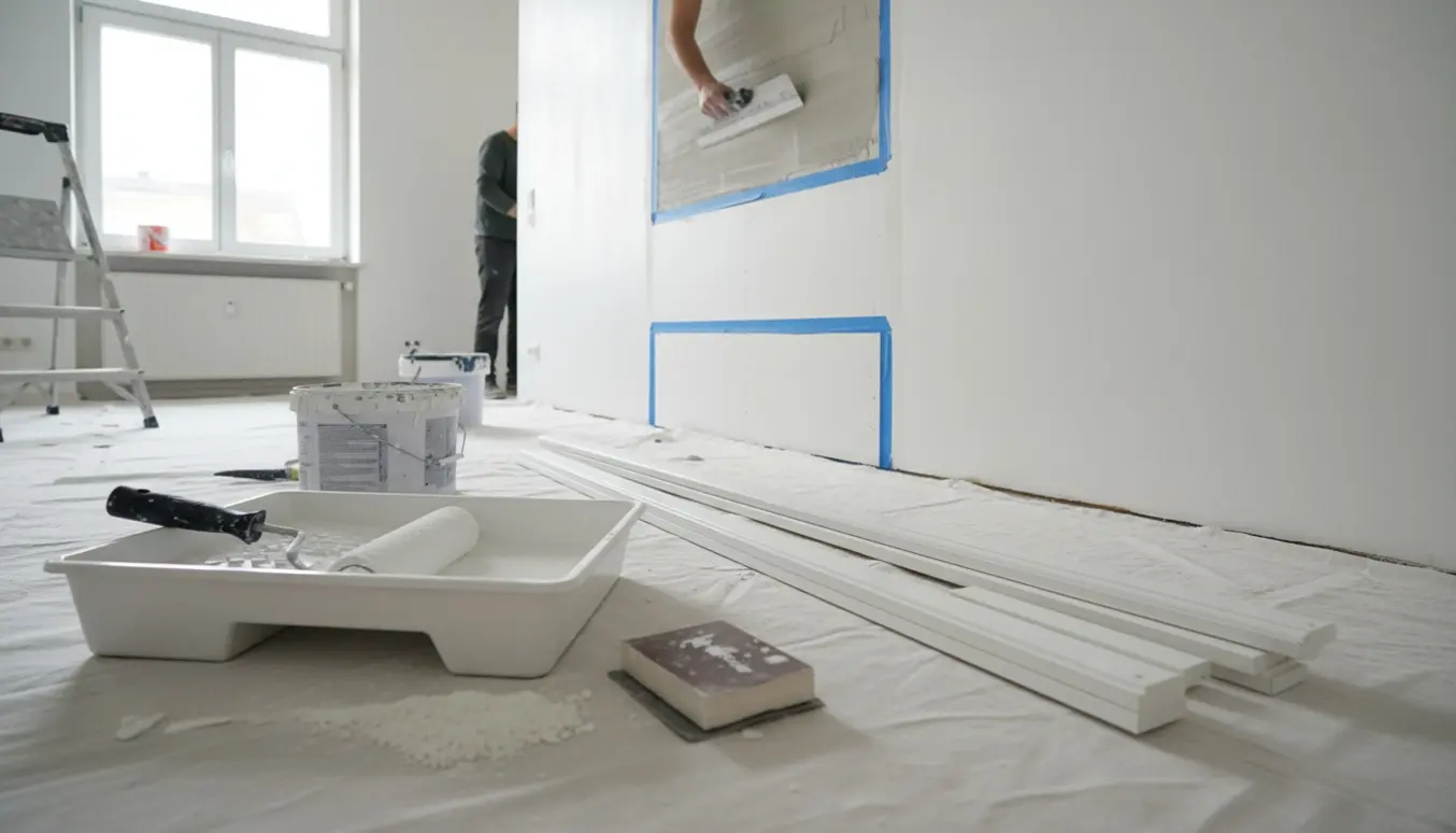 Nymalet lejlighed med glatte hvide vægge, spartelværktøj og rene fodlister klar til montering.