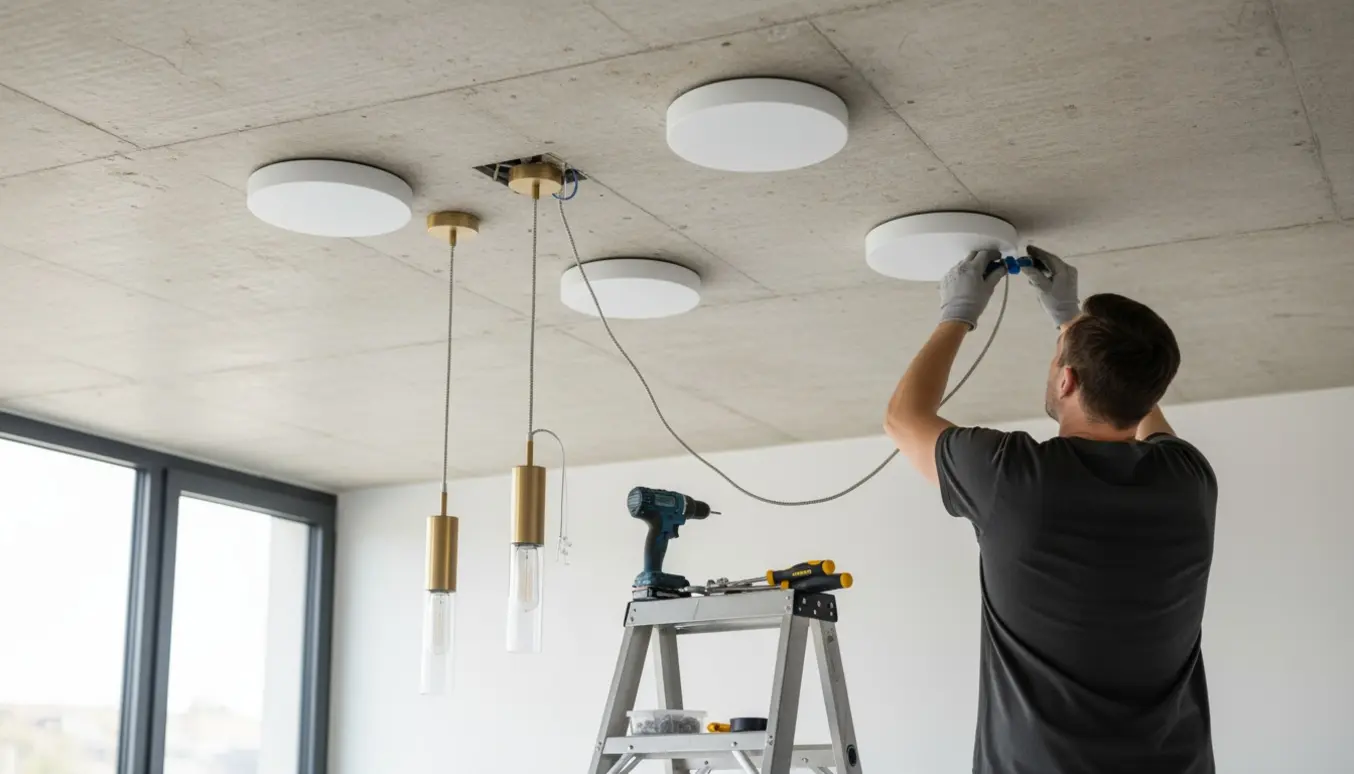 En stige under et råt betontag, mens hænder monterer syv loftslamper, inklusiv en pendellampe trukket lidt væk fra lampeudtaget.