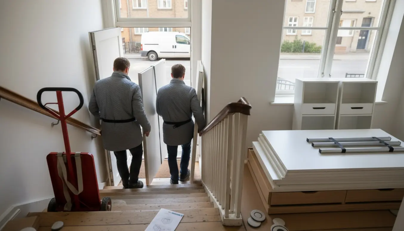 Flyttefolk bærer adskilte IKEA PAX-skabe ned ad en trappe, med dele pakket i tæpper og en elevator åben i baggrunden.