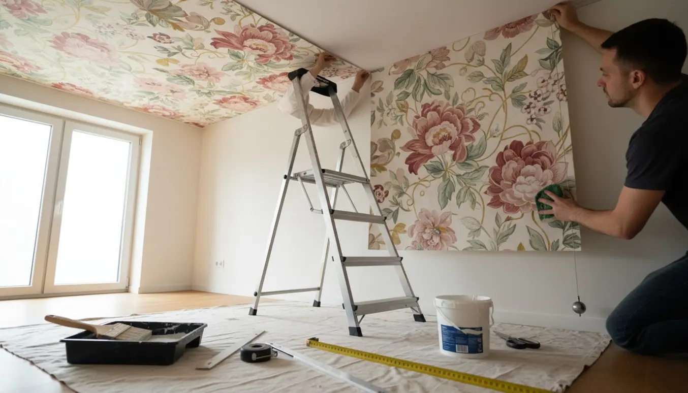 Opsætning af blomster-tapet i loftet med stige og værktøj, hvor samlinger glattes og mønsteret tilpasses.