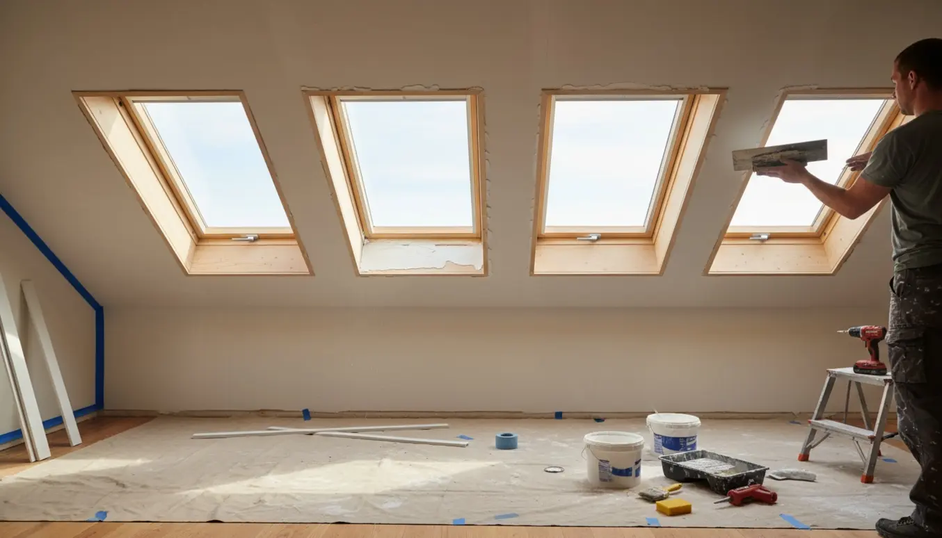 Håndværker spartler og forbereder indfatningerne omkring fire Velux-tagvinduer i et loftsrum.