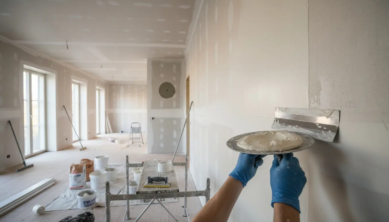 Håndværker spartler vægge og loft i en tom lejlighed med materialer og værktøj klar.