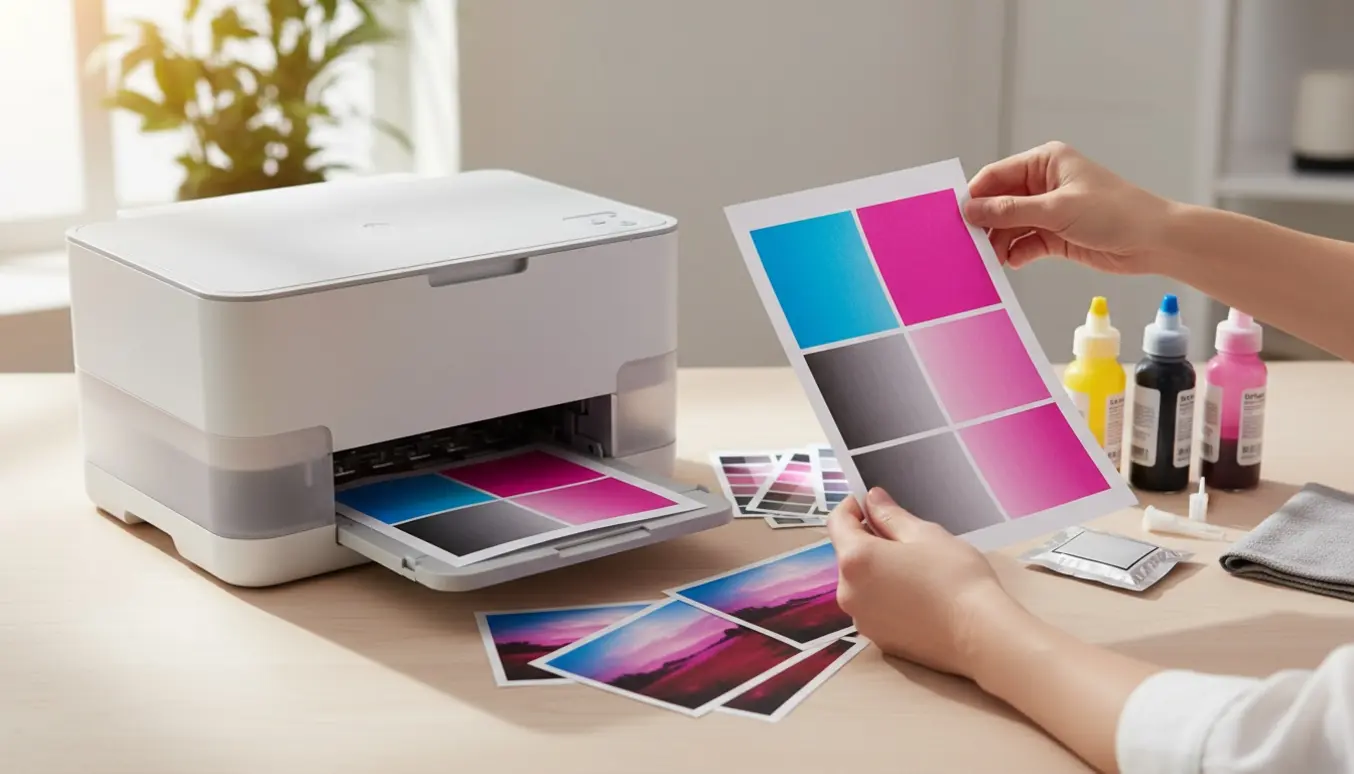 Hjemmeprinter med en farvetestside, hvor blå er trykt som lyserød og grå toner har et rødlige skær.