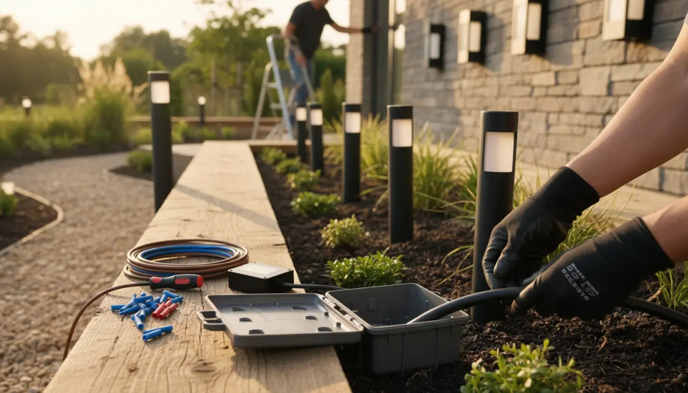 Hænder tilslutter udendørskabel i et højbed med monterede havelamper og væglamper på facaden.