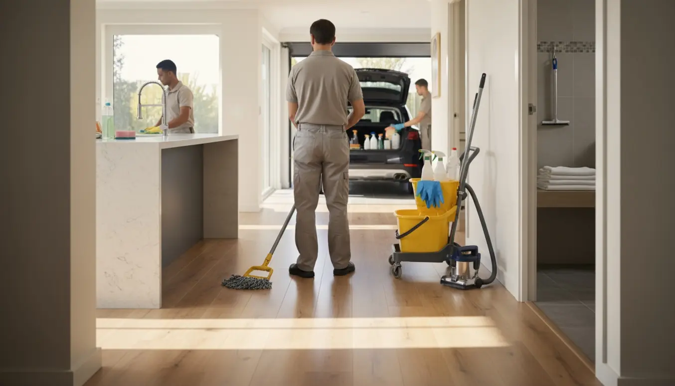 Rengøringsperson mopper en lys entré med rengøringsvogn, synligt køkken og badeværelse og bil i garagebaggrunden.