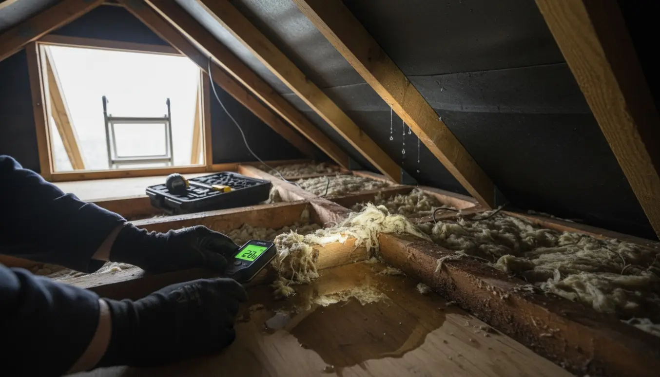 Hænder med fugtmåler og lommelygte undersøger vandskade i et loftrum under tagpap.