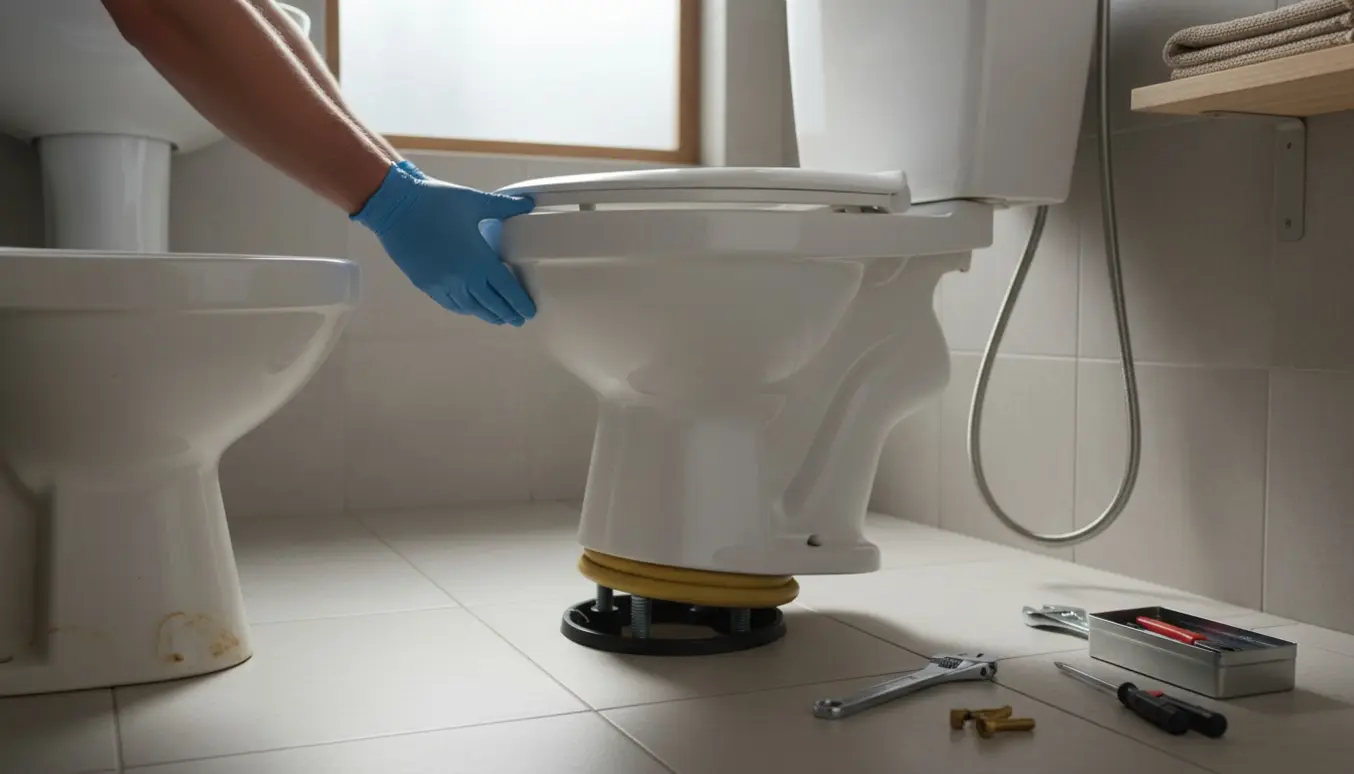 Håndværker monterer en ny toiletkumme i et lyst badeværelse med værktøj og reservedele.