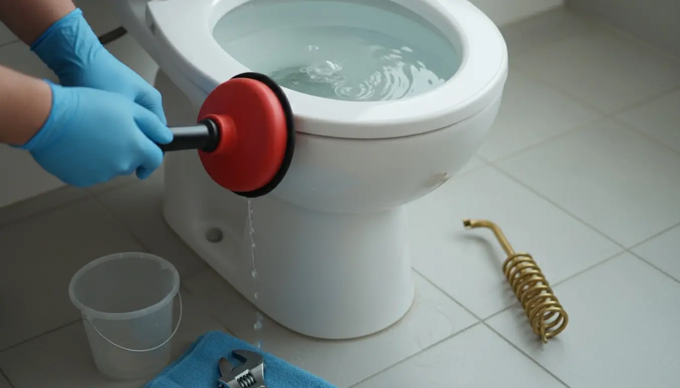 Nærbillede af et toilet hvor vandet siver langsomt væk efter skyl, med en plunger og værktøj på flisegulvet.