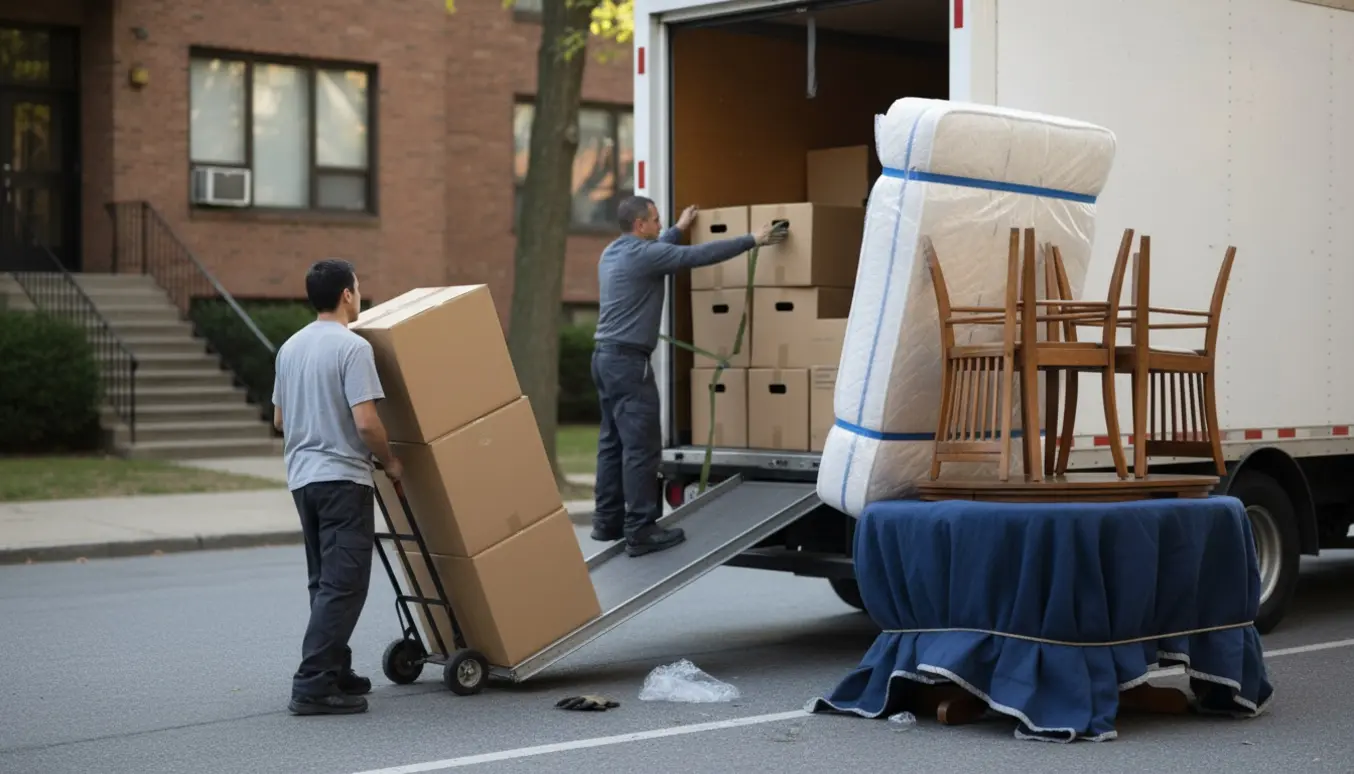 To flyttefolk læsser flyttekasser, en madras og møbler ind i en åben flyttebil på en rolig bygade.