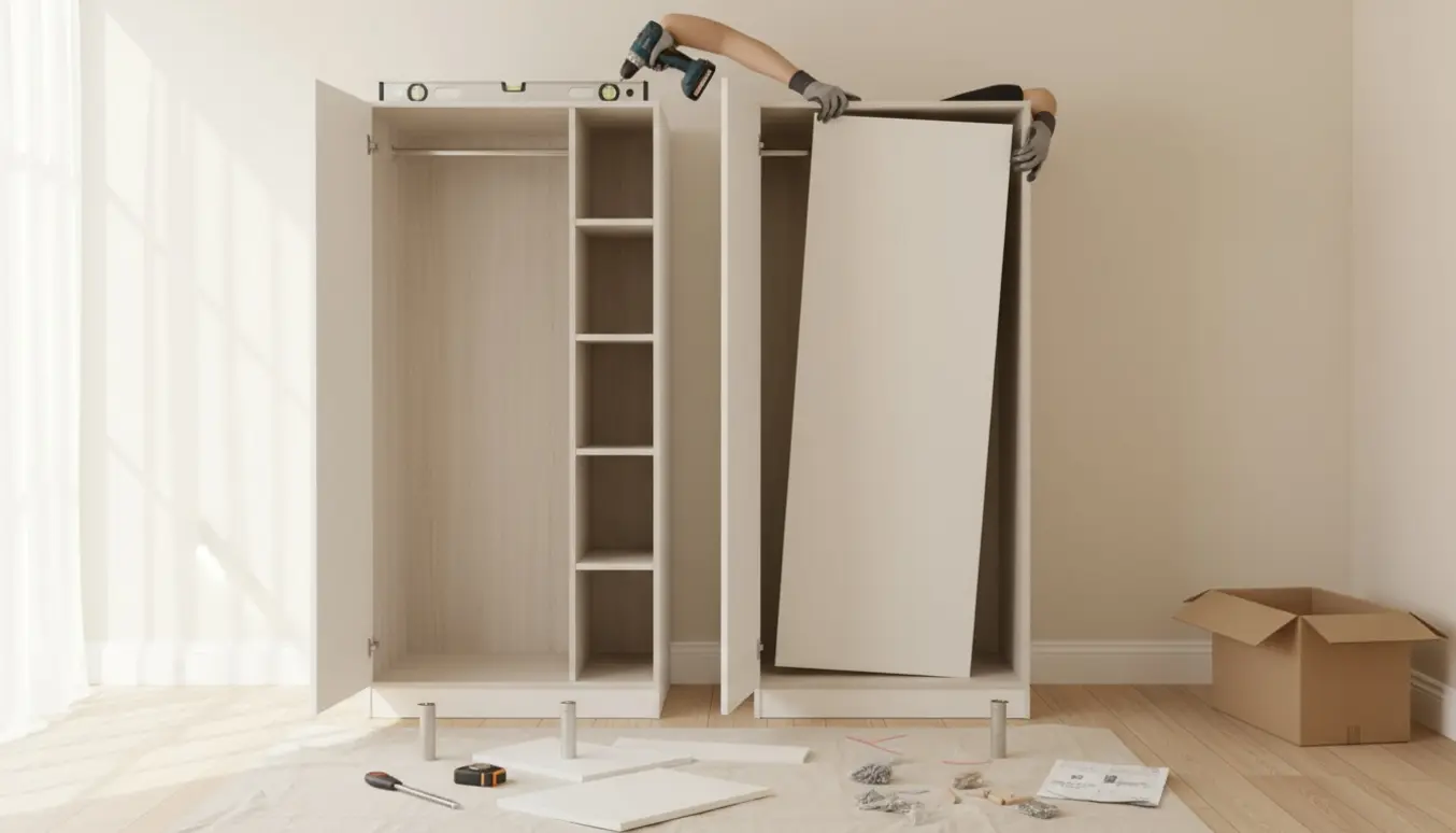 To hvide garderobeskabe sættes op langs en væg, én åben med hylder og sokkel, håndværker hælder skrue i beslag.