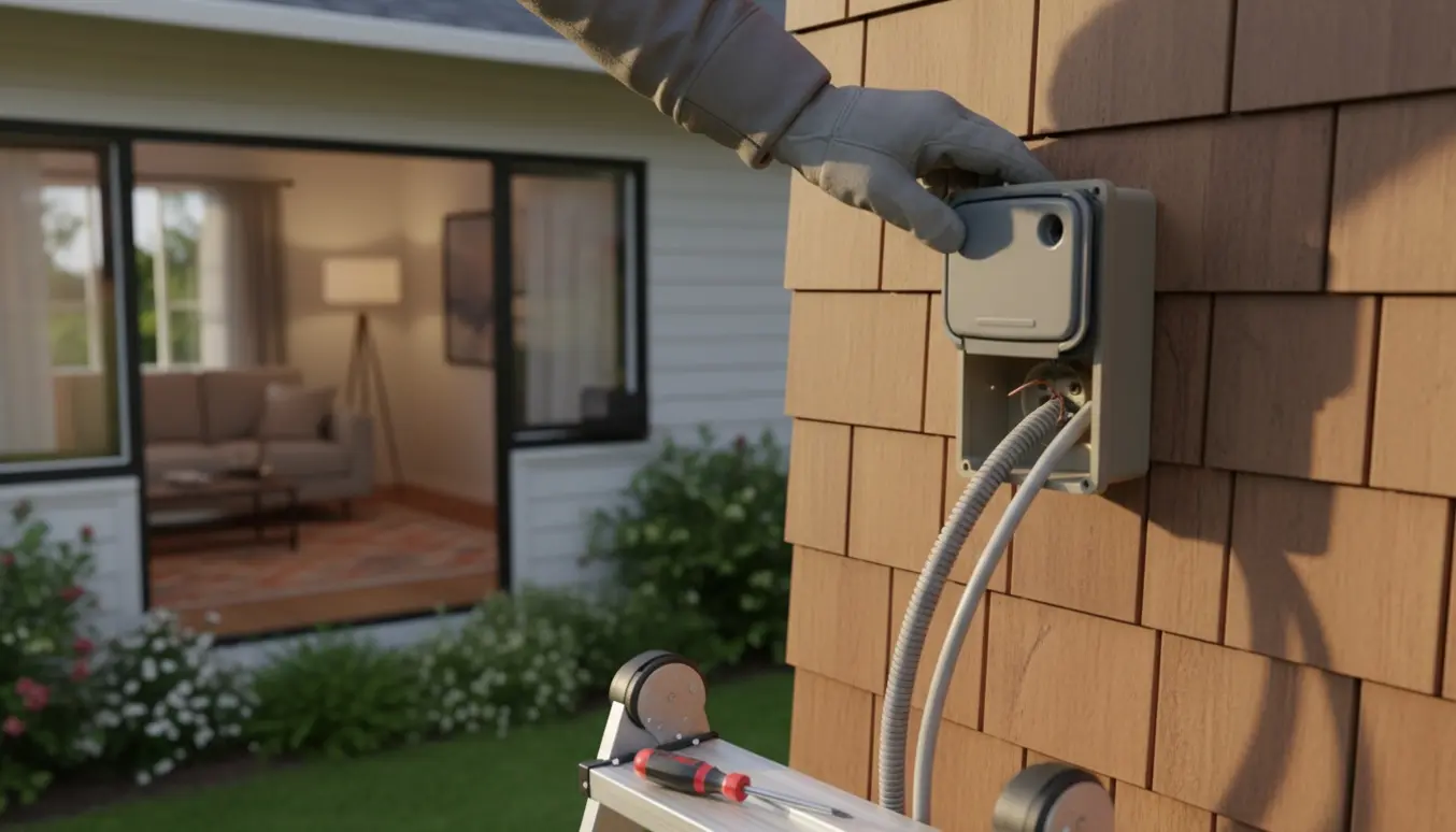 Installation af udendørs stikkontakt på husets ydervæg med kabel ført fra stuen.