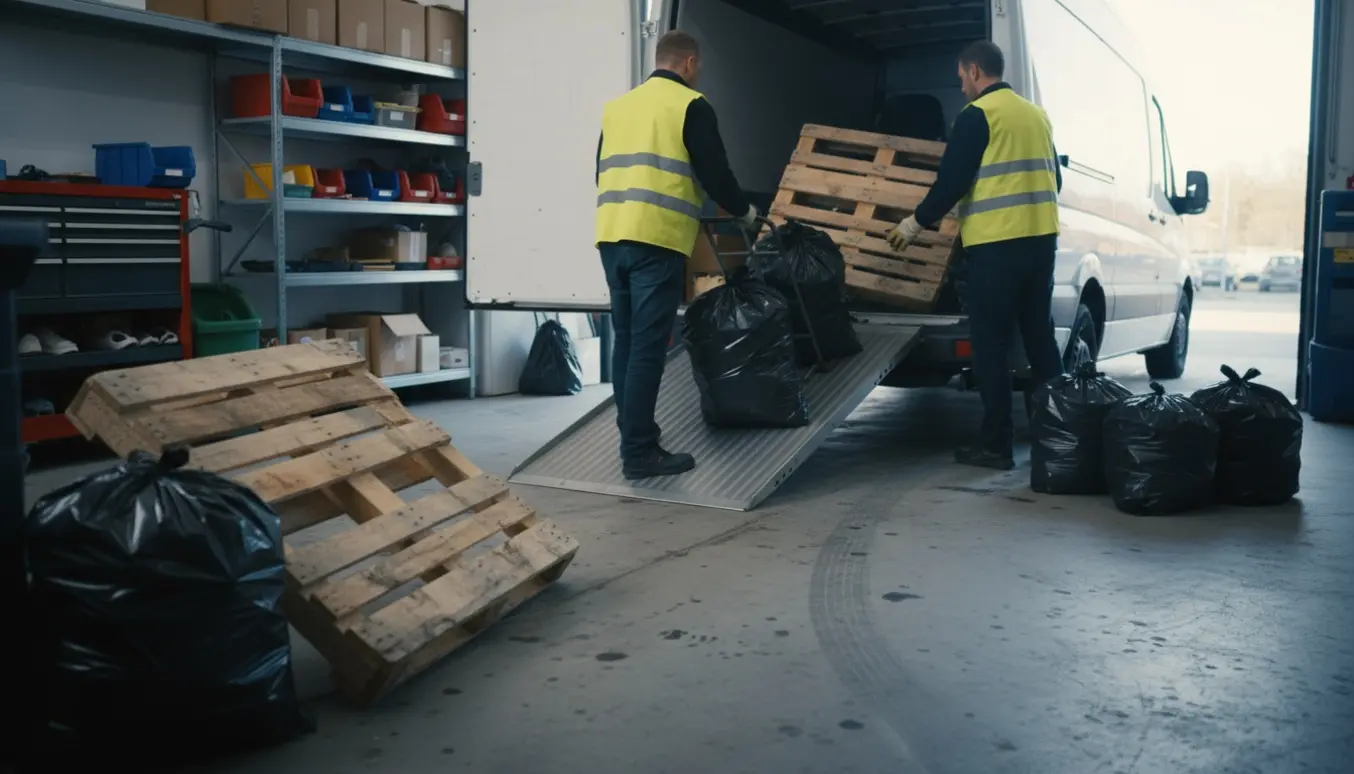 To arbejdere læsser ødelagte træpaller og seks sække kontoraffald fra en garage ind i en varebil.