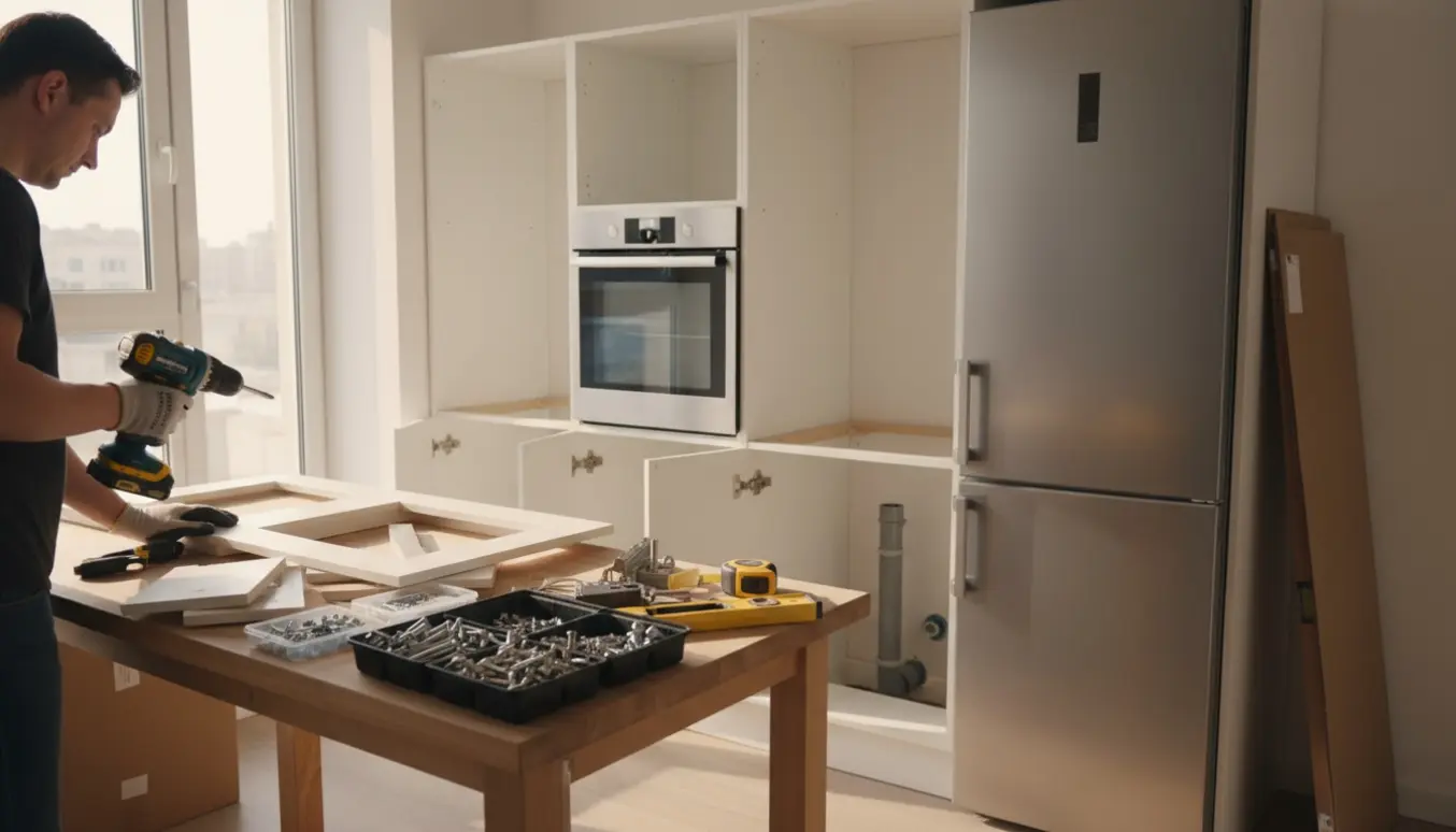 Delvist monteret IKEA-køkken med åbne skabe, værktøj og en ovn og køleskab klar til integration.