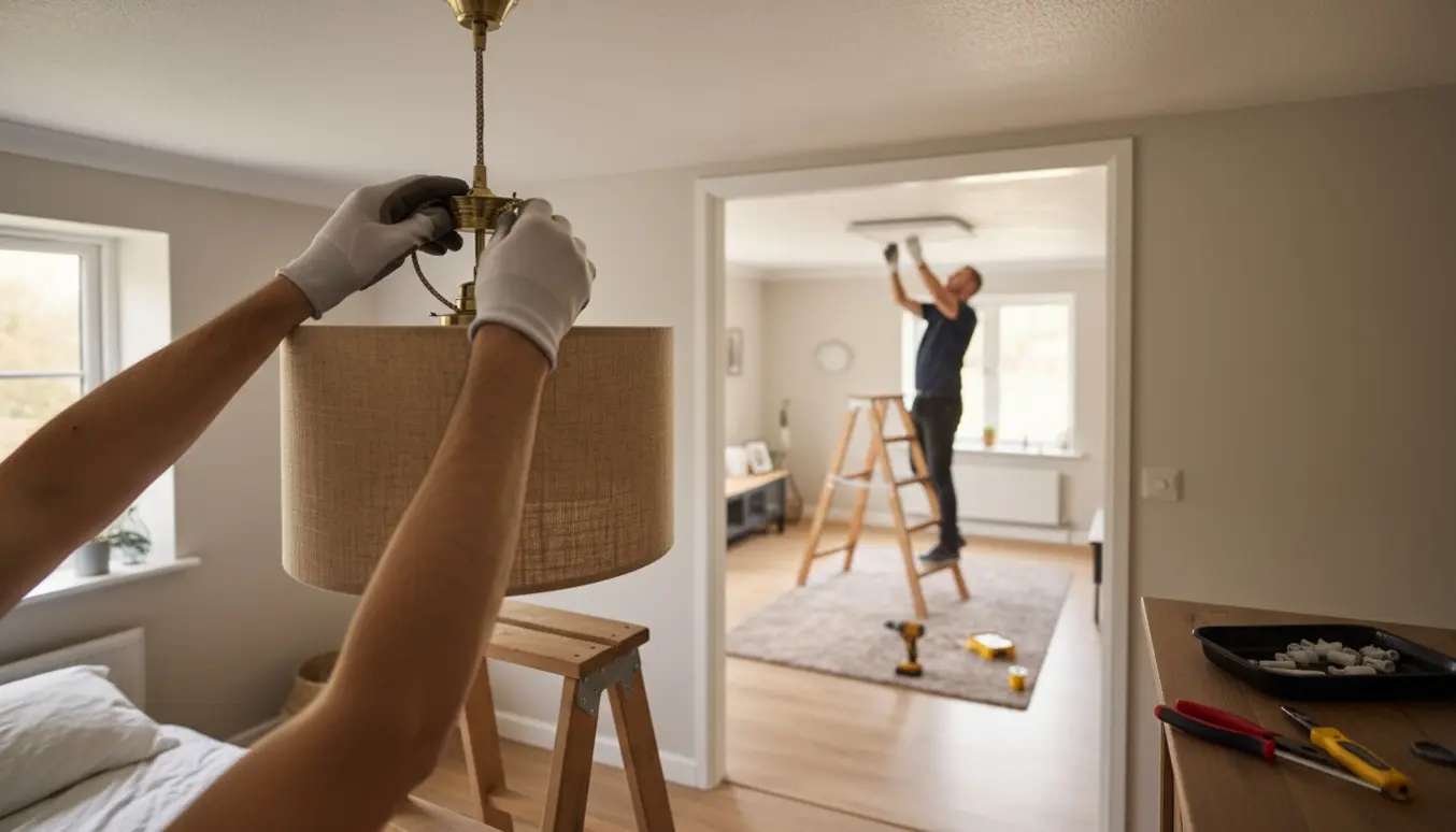 Montage af loftslamper i soveværelse og stue med stige og værktøj, uden tydelige ansigter.