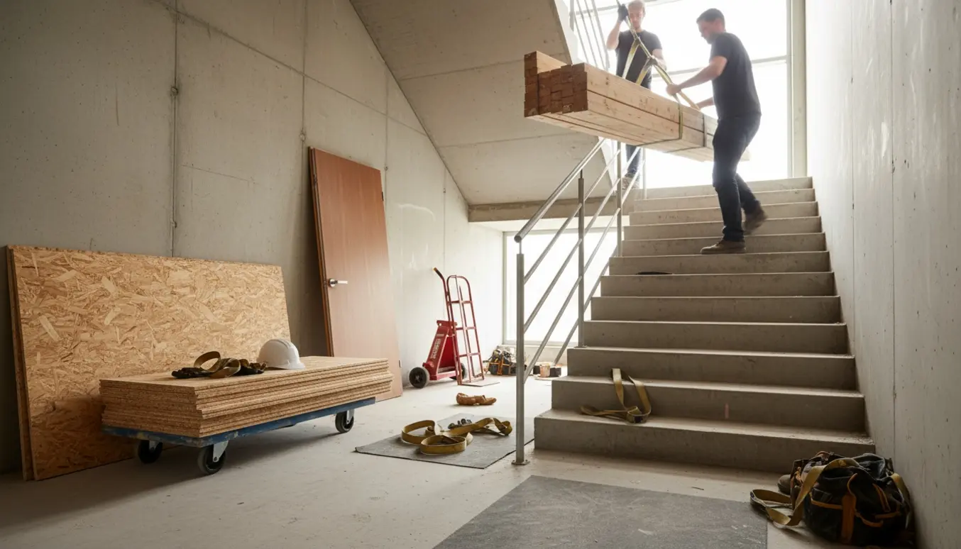 Byggearbejdere bærer reglar og stabler OSB-plader op ad trappen til 2. sal i en erhvervsbygning.