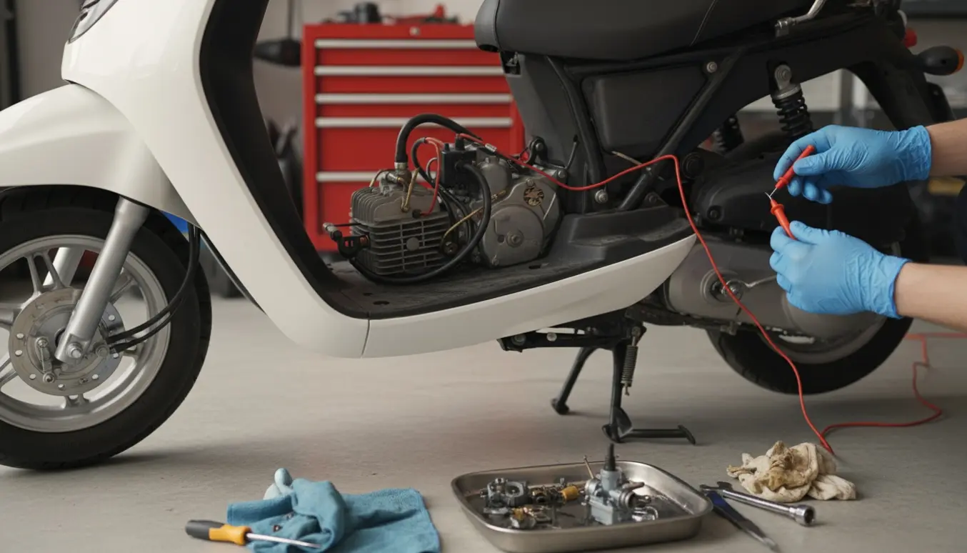 Afmonteret knallertmotor med karburatordele og hænder, der tester tænding med multimeter.