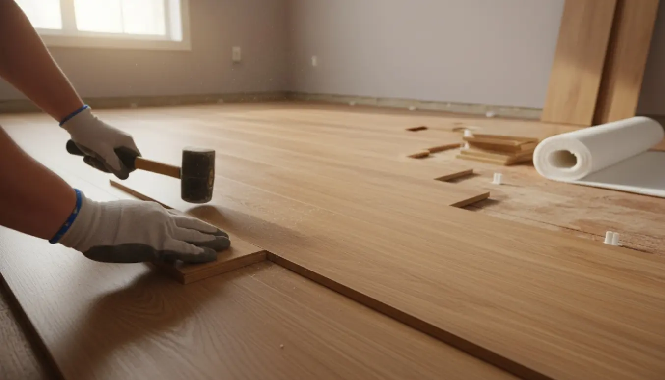 Montering af klikgulv i et tomt rum med hænder, klikbrædder og værktøj.