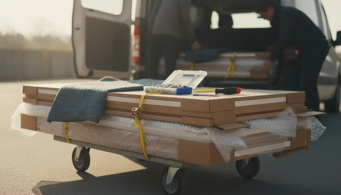 Tre ikke-samlede enkle reoler pakket og klar til transport ved en åben varevogn.