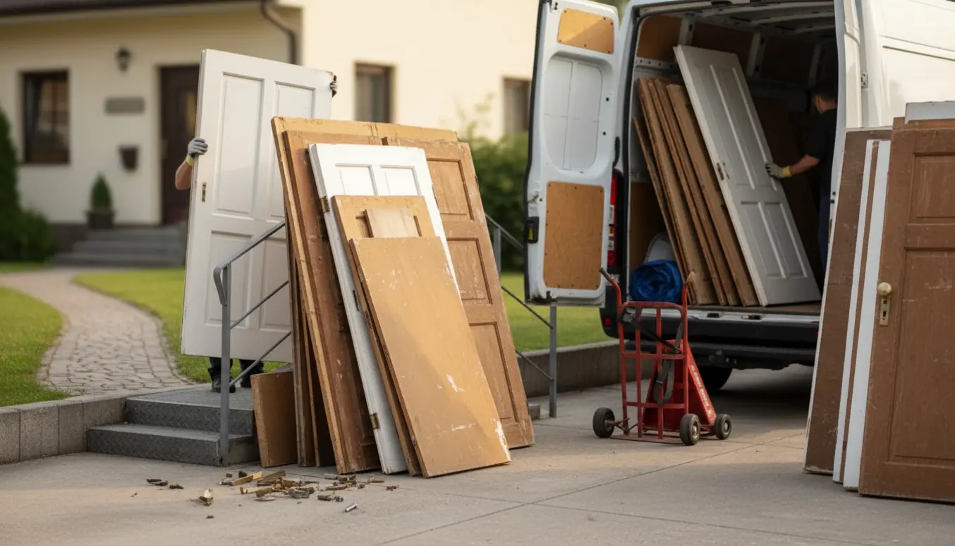 Varevogn læsses med plader og gamle døre ved en udvendig kældertrappe, arbejdshænder i handsker synlige.