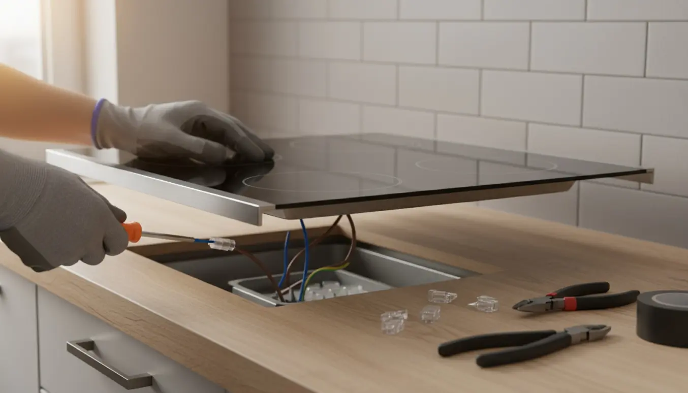 Hænder forbinder ledninger fra en løftet keramisk kogeplade til en åben eldåse i et moderne køkken.