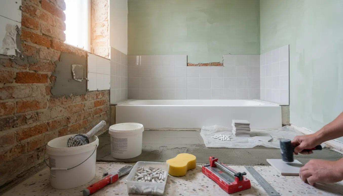 Halvfærdig badeværelsesrenovering med afklappede fliser, pudsede vægge, vådrumssikring og nye fliser bag et fritstående badekar.