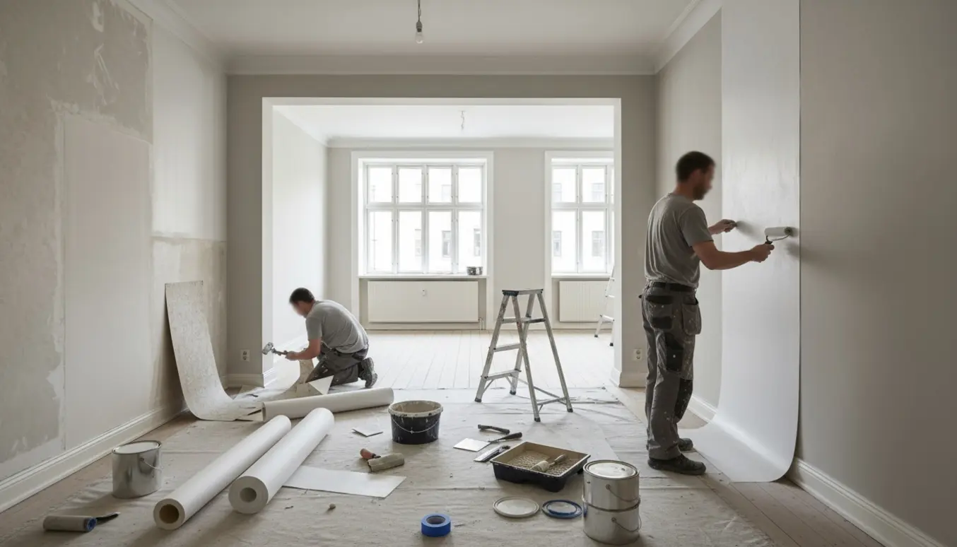 Ummøbleret Vesterbro-lejlighed under renovering med tapetfjernelse, opsætning af filt og maling.