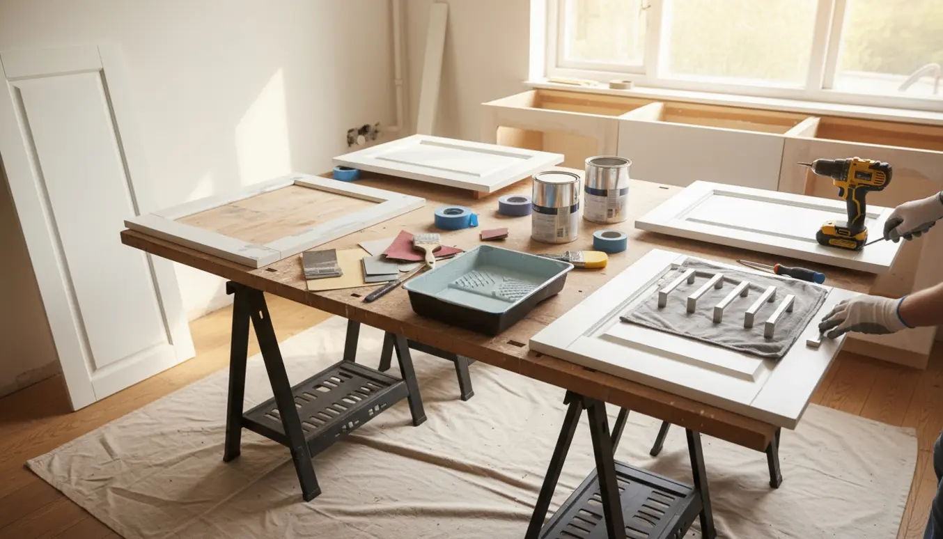 Udmontage og maling af køkkenfronter på arbejdsbord med værktøj og nye greb klar.